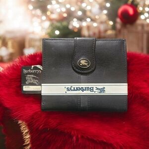VTG RARE Burberrys Black Leather Bifold Wallet Equestrian Knight Made In Japan